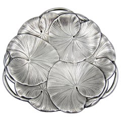 Vintage Art Nouveau Lily Pad Tray with Open Handles in Silver-Plate