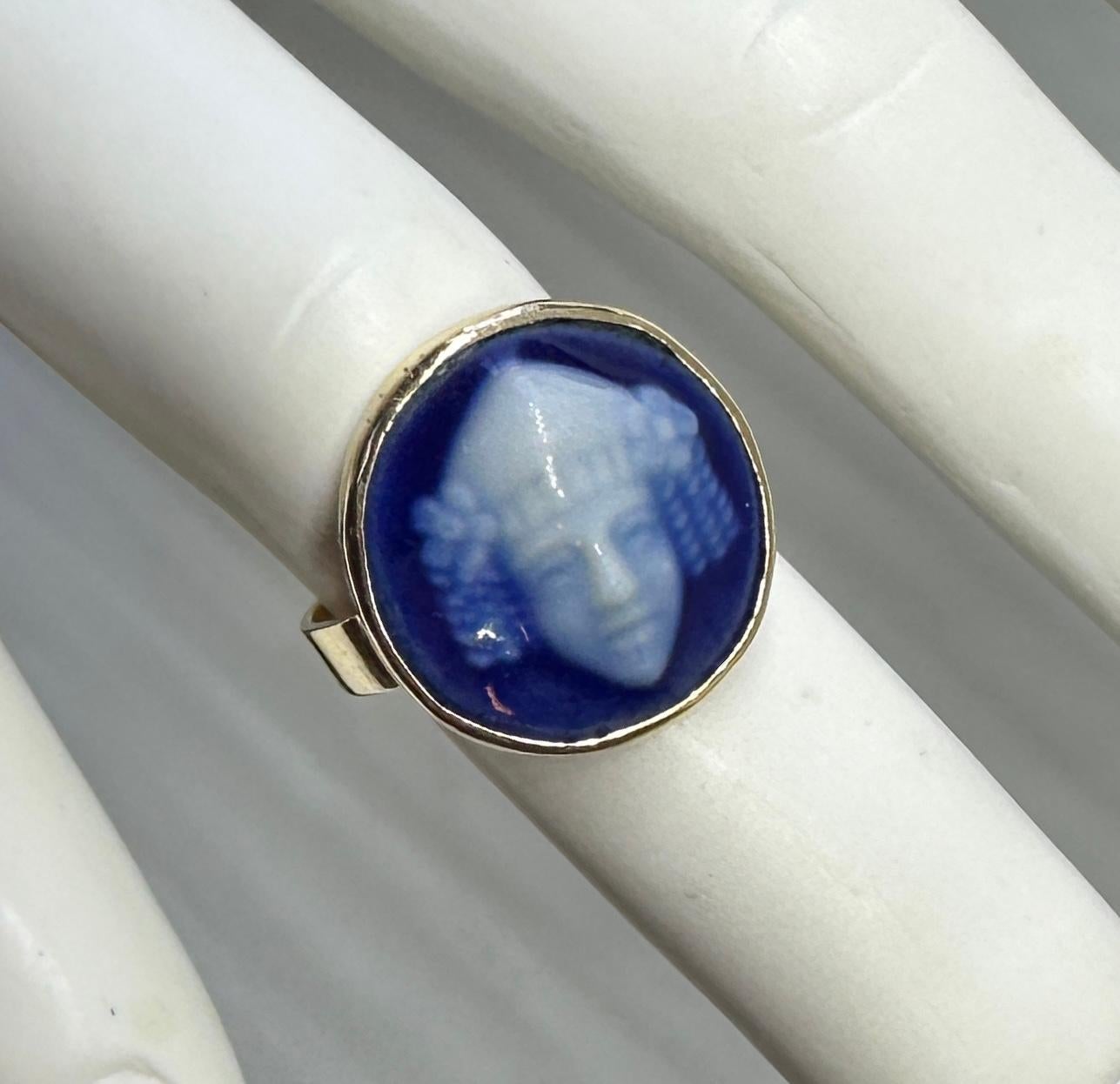Women's or Men's Art Nouveau Limoges Enamel Bacchus Ring Gold Pate de Verre Enamel France French For Sale