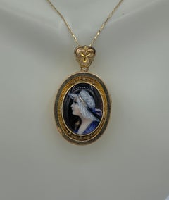 Art Nouveau Limoges Enamel Locket Pendant Maiden Hand Painted Necklace Antique