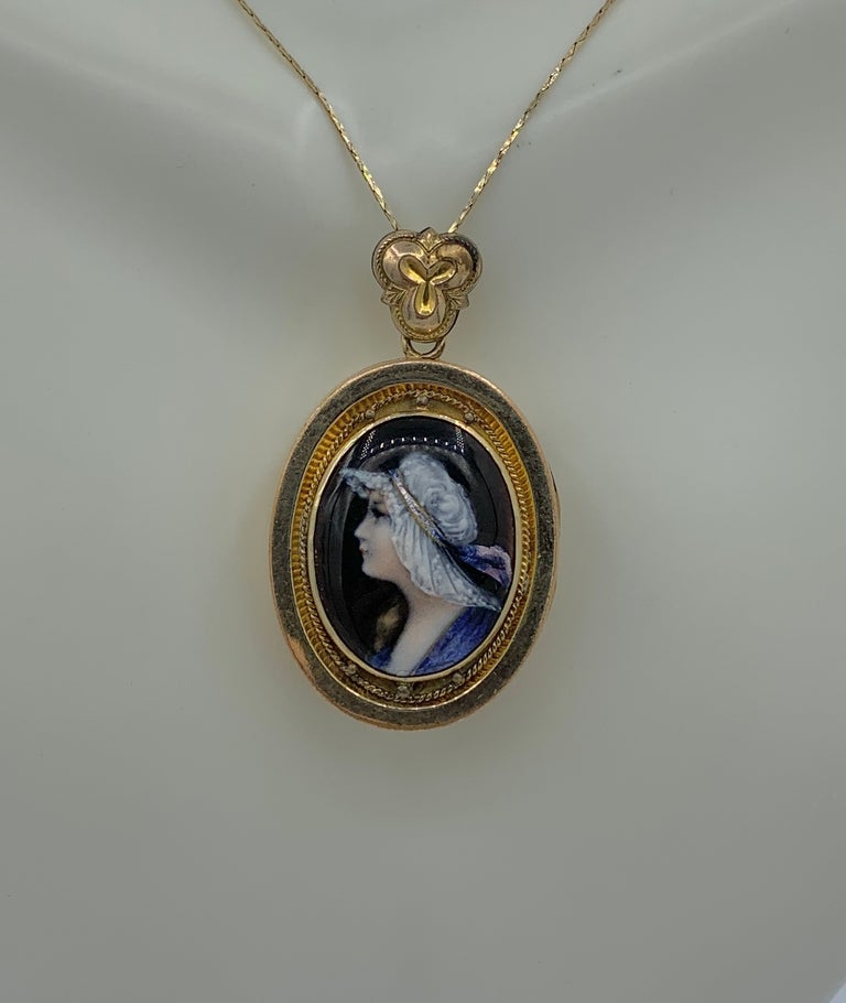 Collier Limoges Or Rose 18k Art Nouveau - Pendentif émaillé Jeune Fille, Occasion