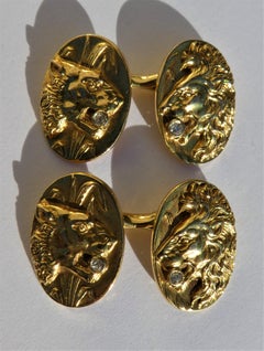 Art Nouveau Lion and Lioness Head 14 Karat Yellow Gold Diamond Cufflinks