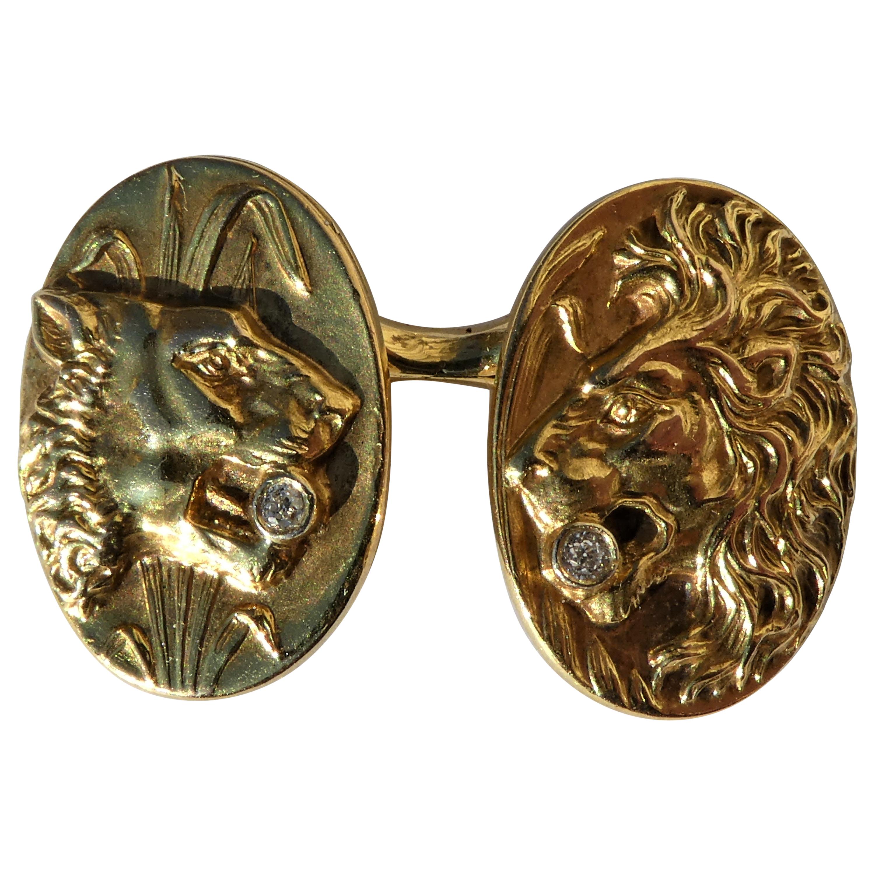 Art Nouveau Lion and Lioness Head 14 Karat Yellow Gold Diamond Cufflinks For Sale