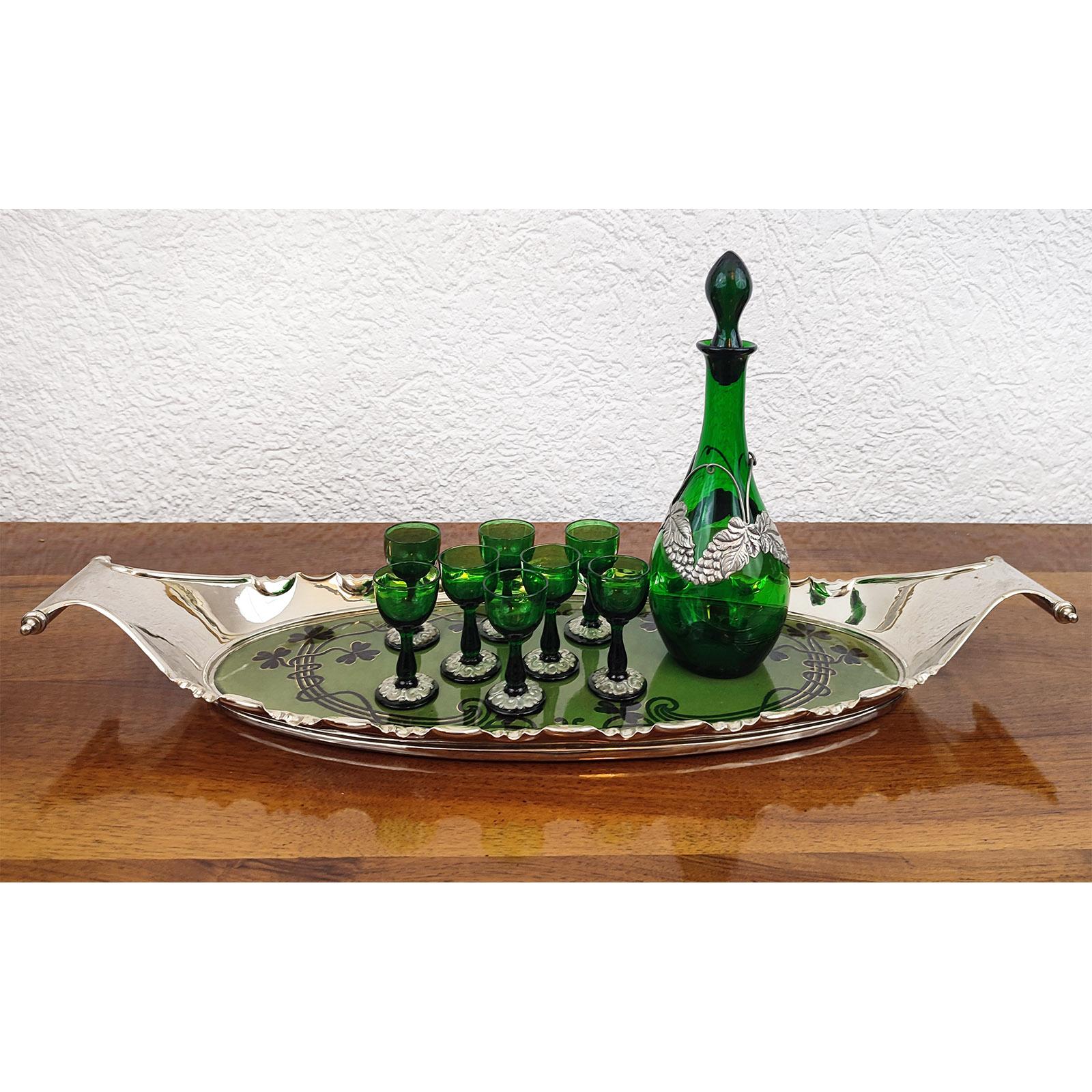 Danish Art Nouveau Liquor Service Decanter and Eight Glasses, Holmegaard, 1930s For Sale