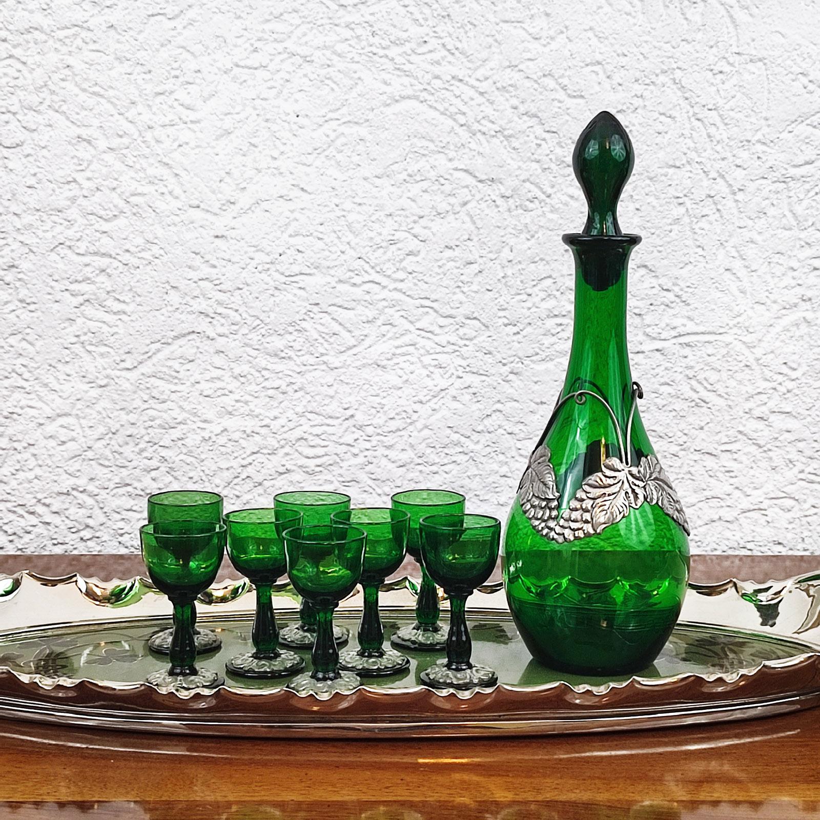 Danois Carafe à liqueur et huit verres de service Art Nouveau, Holmegaard, années 1930 en vente