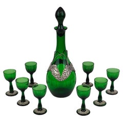 Antique Art Nouveau Liquor Service Decanter and Eight Glasses, Holmegaard, 1930s