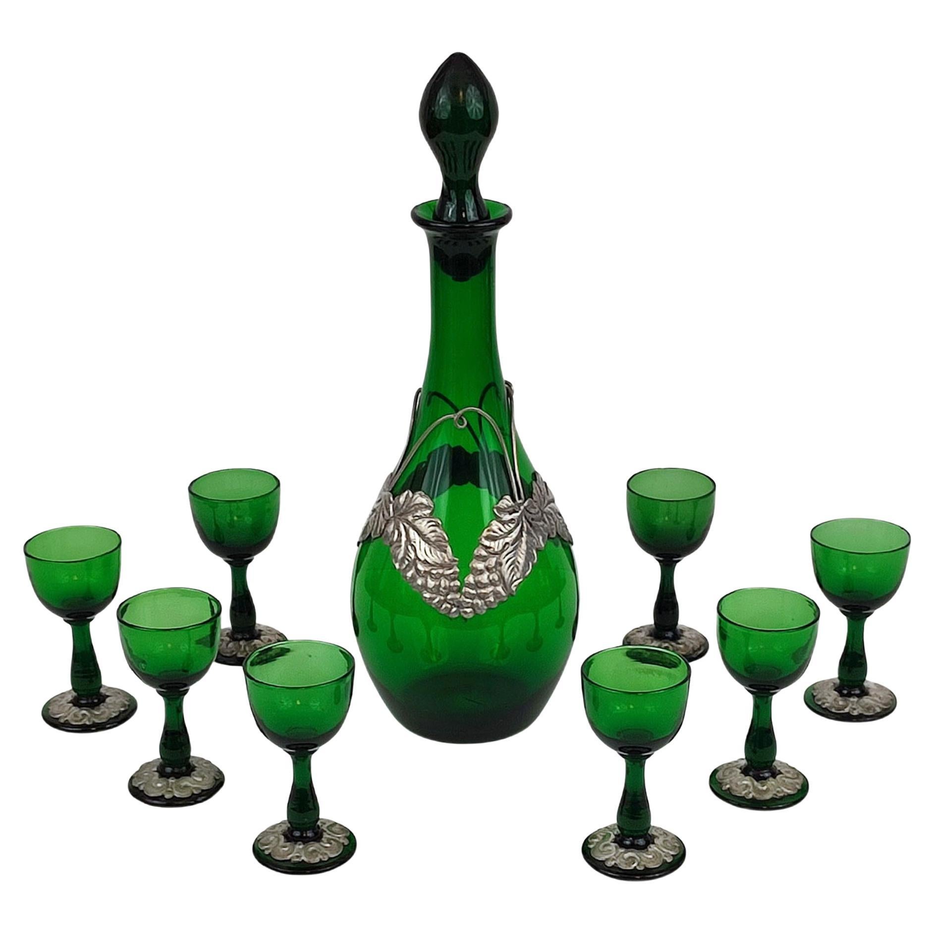 Carafe à liqueur et huit verres de service Art Nouveau, Holmegaard, années 1930