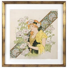 Jugendstil-Lithographie von MISTI mit dem Titel "Frau mit Blumen"