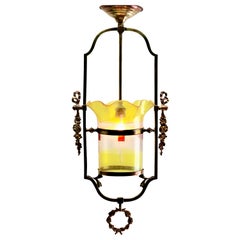 Art Nouveau Lobby Lantern in the with Brass Frame and Glass Shade