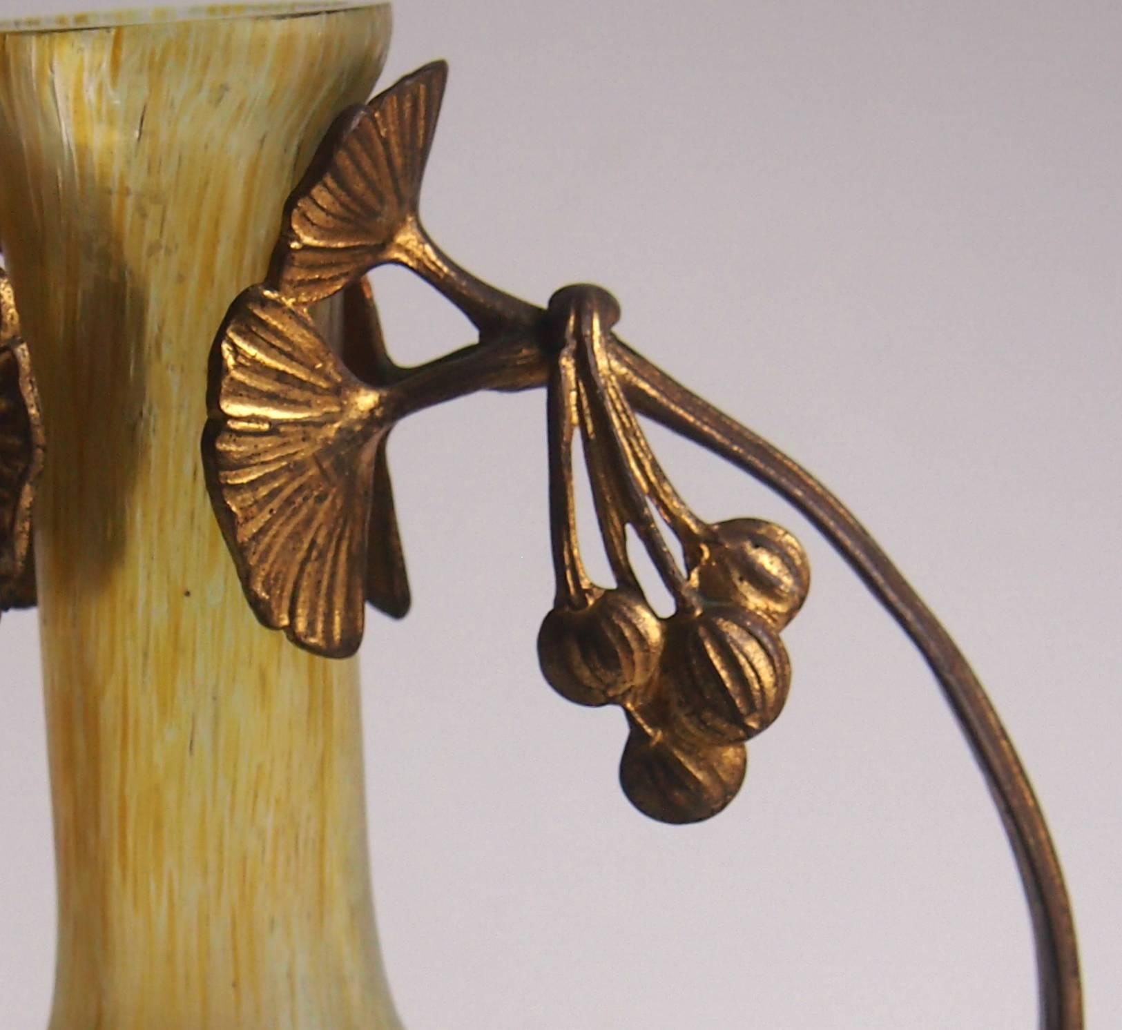 Late 19th Century Art Nouveau Loetz Candia Papillon Vase in Ginkgo Metal Frame