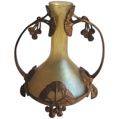 Art Nouveau Loetz Candia Papillon Vase in Ginkgo Metal Frame