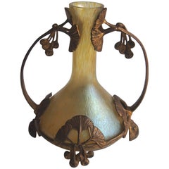 Loetz vase Candia Papillon Art Nouveau avec cadre en métal Ginkgo