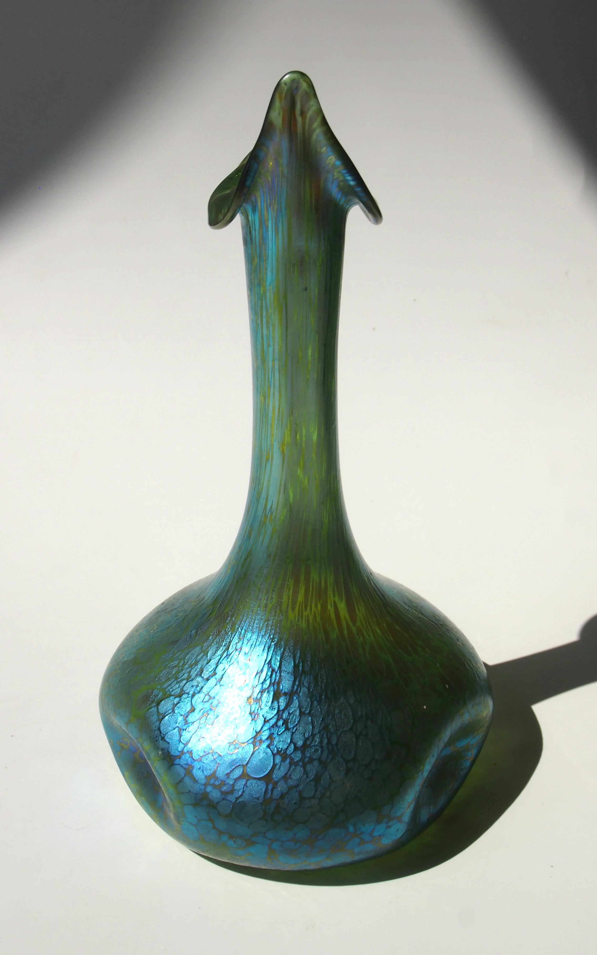 Beautiful Art Nouveau Loetz Crete (green glass) Papillon (butterfly wing) goose necked vase with 'water sprinkler opening' - One of the most iconic and elegant Loetz vases we've ever seen - It has a finely hand finished top and round pontil