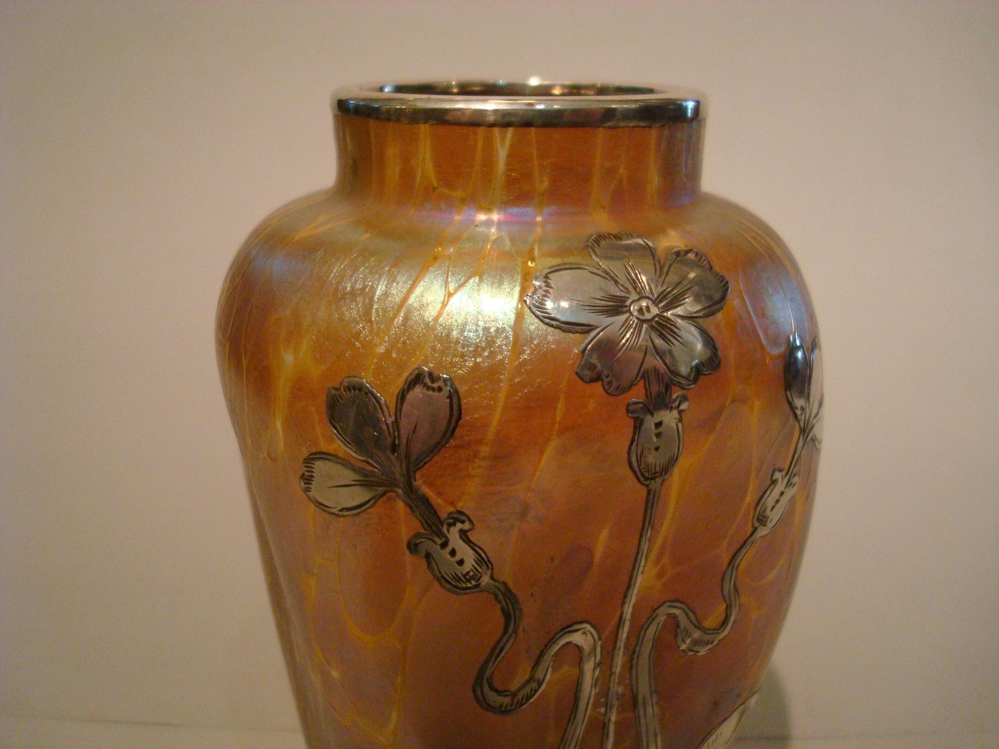 Art Nouveau Loetz Iridescent Glass Vase with Silver Overlay For Sale 2