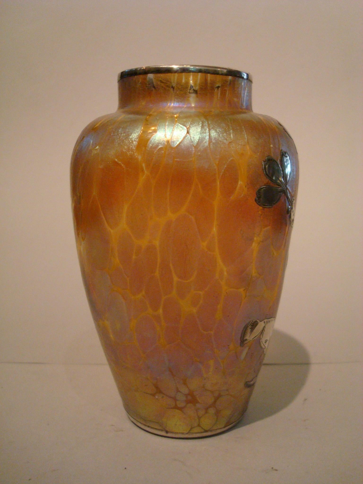 Art Nouveau Loetz Iridescent Glass Vase with Silver Overlay For Sale 3