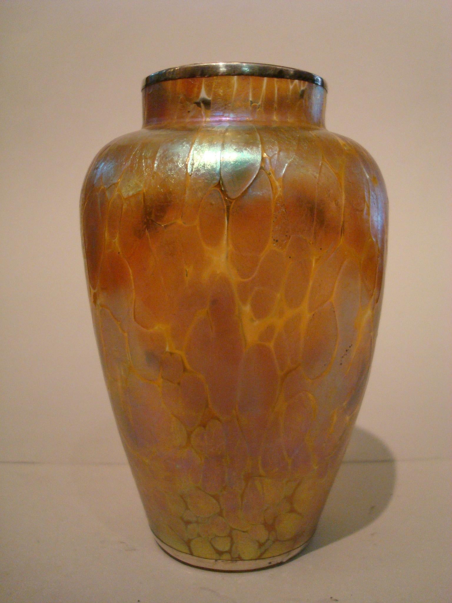 Art Nouveau Loetz Iridescent Glass Vase with Silver Overlay For Sale 4