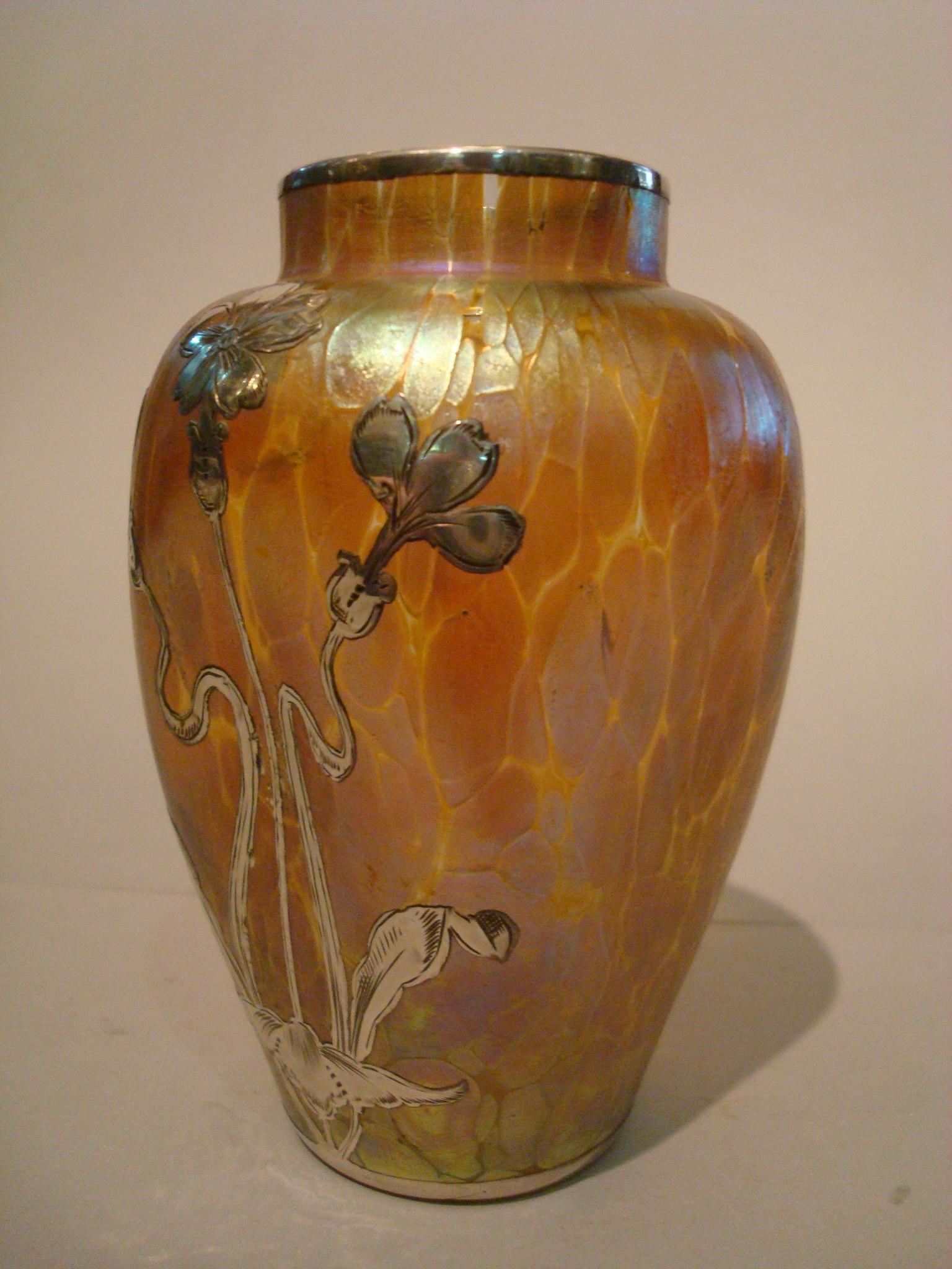 Austrian Art Nouveau Loetz Iridescent Glass Vase with Silver Overlay For Sale