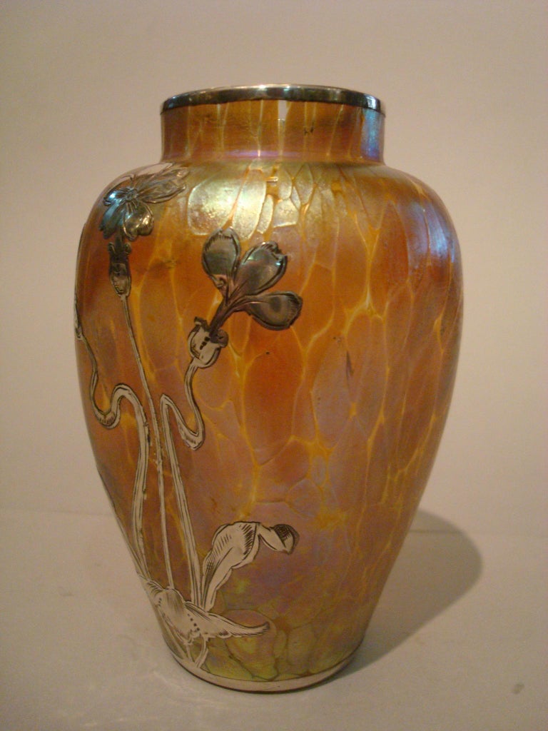 Art Nouveau Loetz Iridescent Glass Vase with Silver Overlay For Sale at 1stDibs