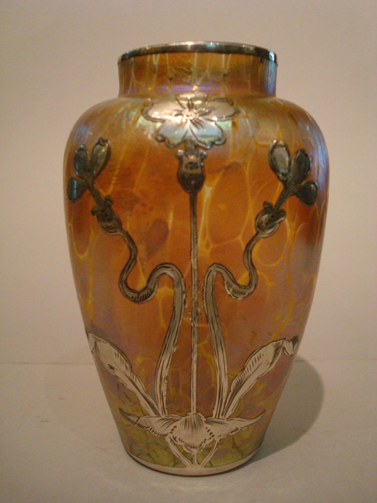 Sterling Silver Art Nouveau Loetz Iridescent Glass Vase with Silver Overlay For Sale