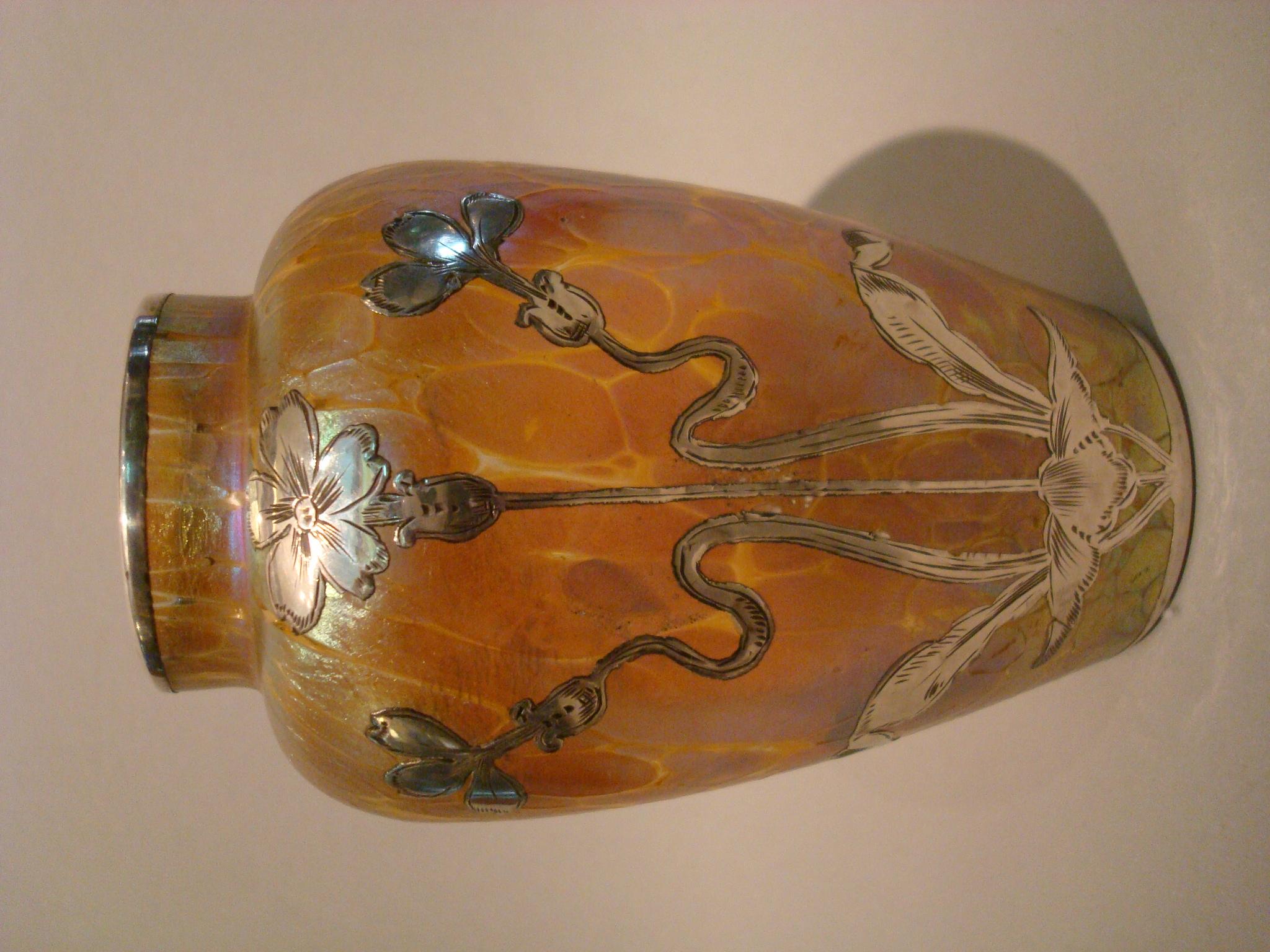 20th Century Art Nouveau Loetz Iridescent Glass Vase with Silver Overlay For Sale