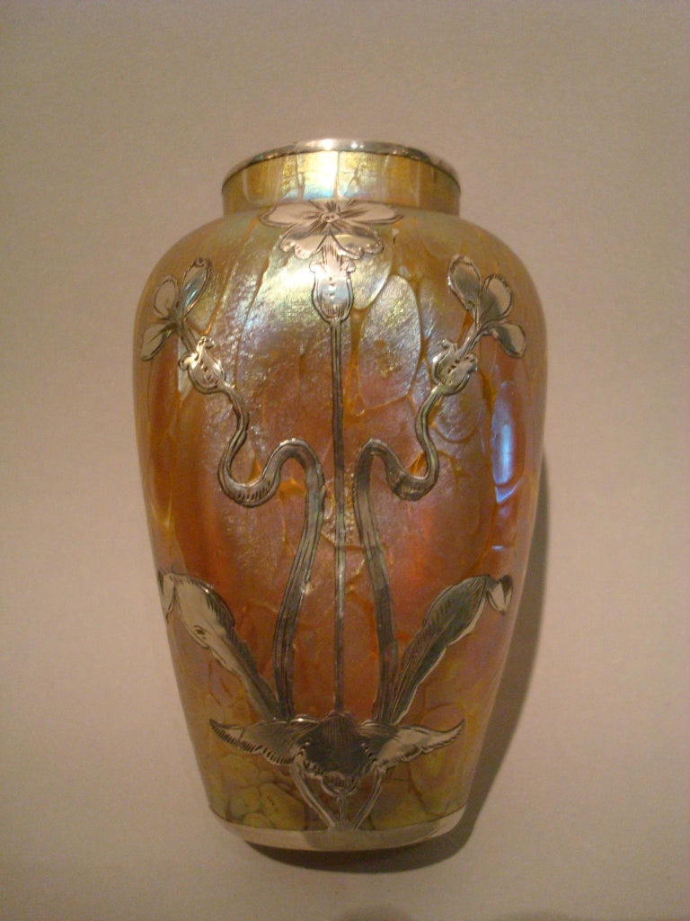 Art Nouveau Loetz Iridescent Glass Vase with Silver Overlay For Sale 2