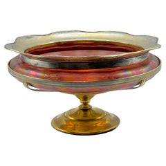 Centro de mesa Art Nouveau Loetz Papillon Rojo Dorado Montado en Metal