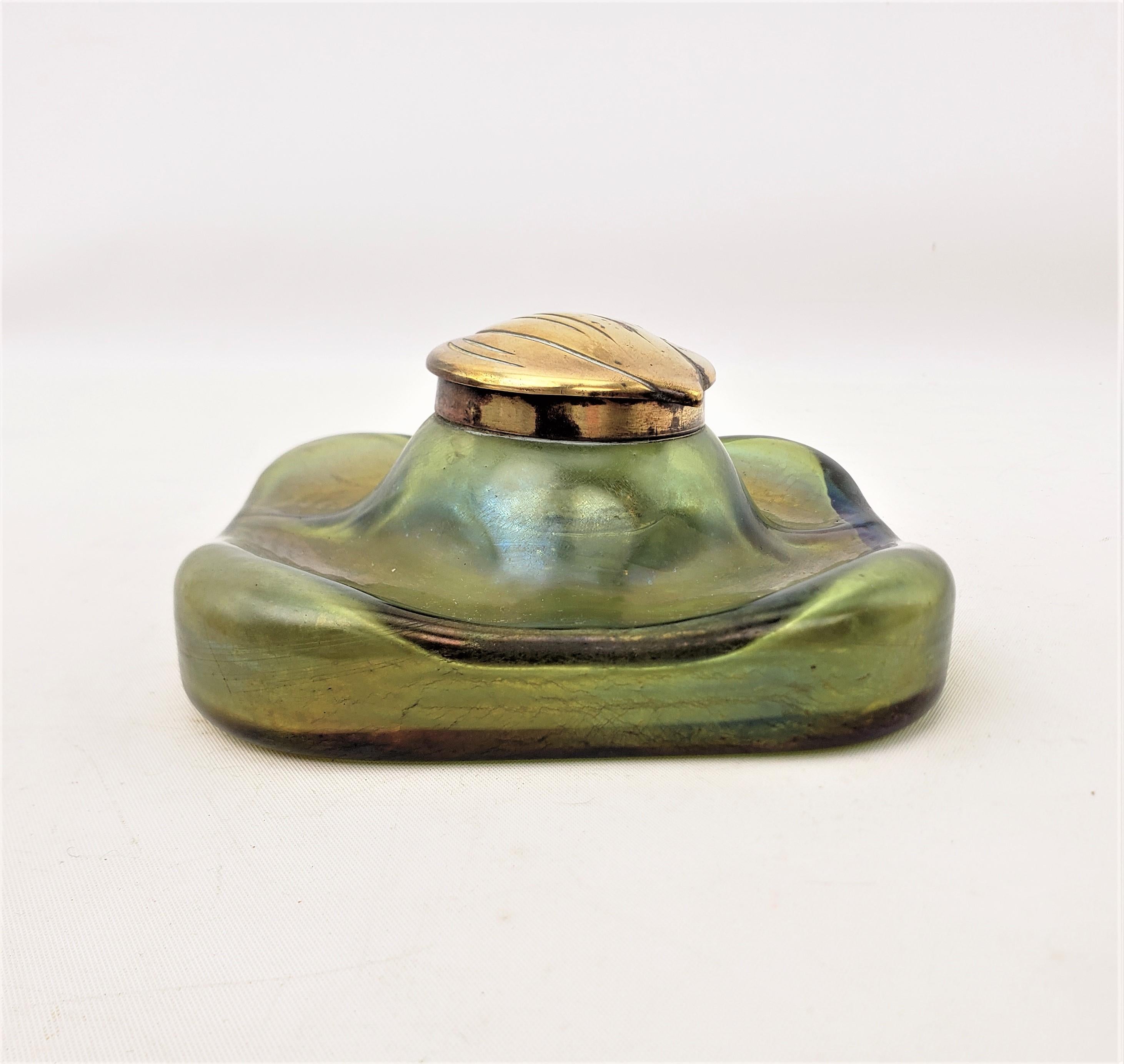 Austrian Art Nouveau Loetz Styled Green Iridescent Art Glass Inkwell with Brass Top For Sale