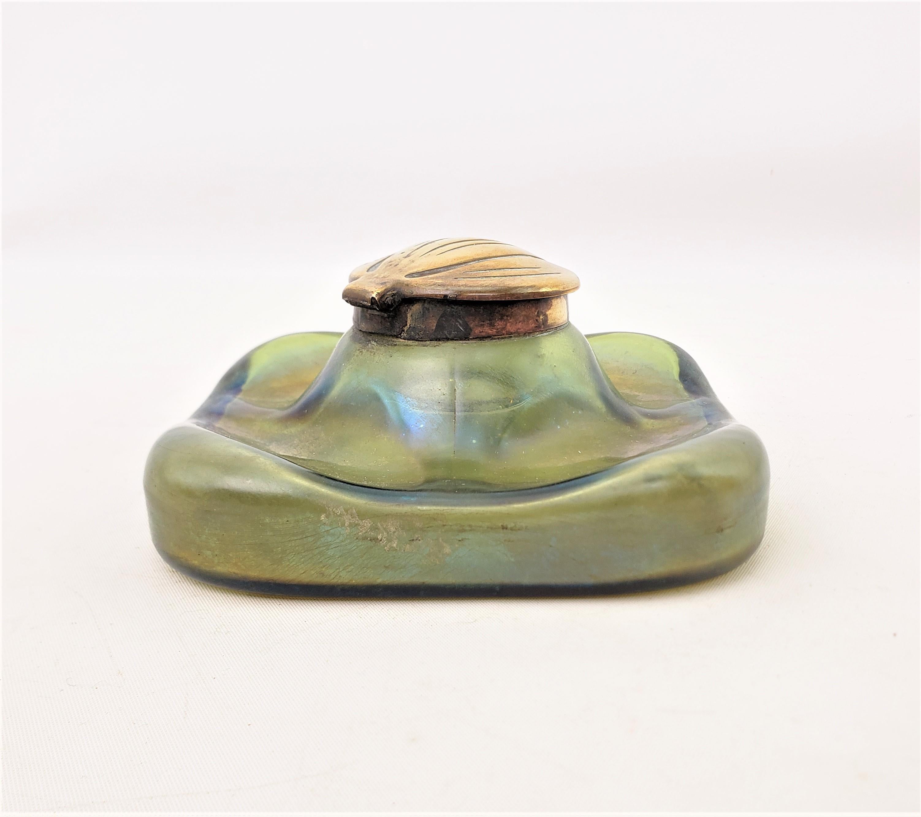 Hand-Crafted Art Nouveau Loetz Styled Green Iridescent Art Glass Inkwell with Brass Top For Sale