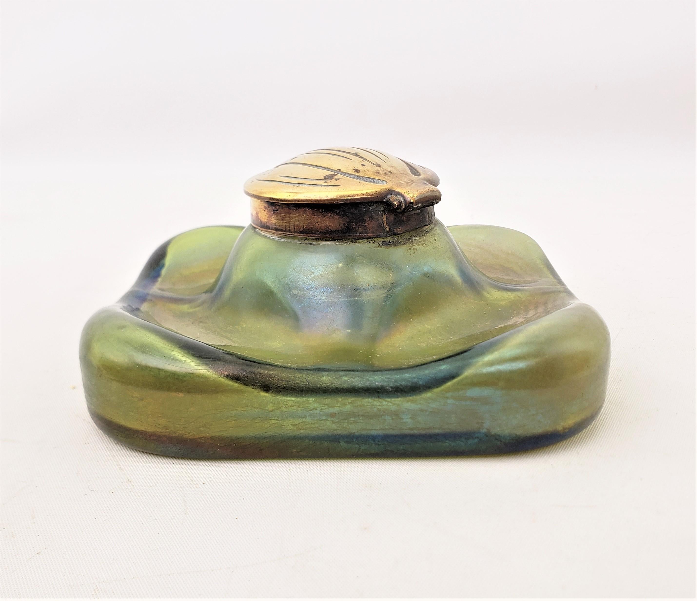 Art Nouveau Loetz Styled Green Iridescent Art Glass Inkwell with Brass Top In Good Condition For Sale In Hamilton, Ontario