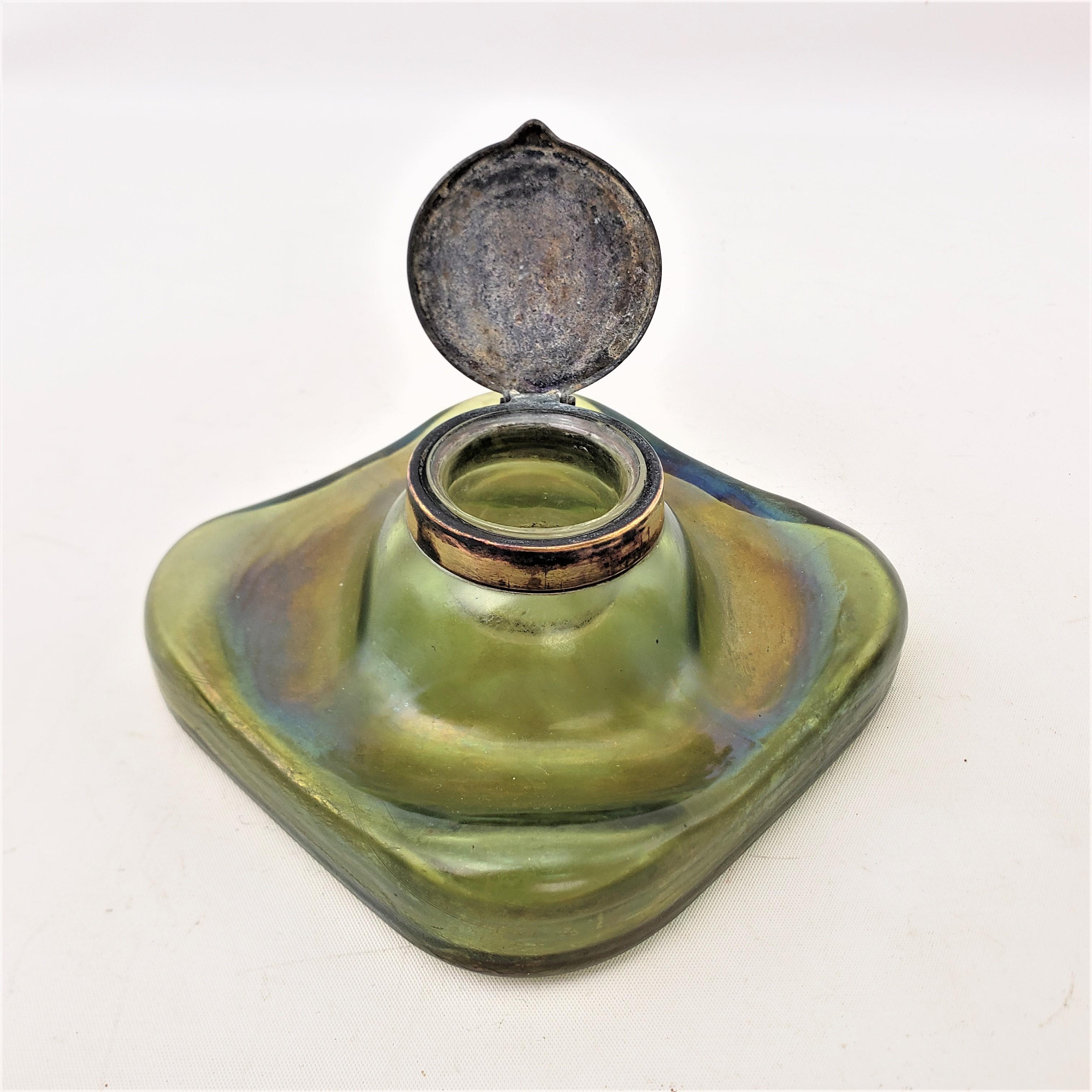 20th Century Art Nouveau Loetz Styled Green Iridescent Art Glass Inkwell with Brass Top For Sale