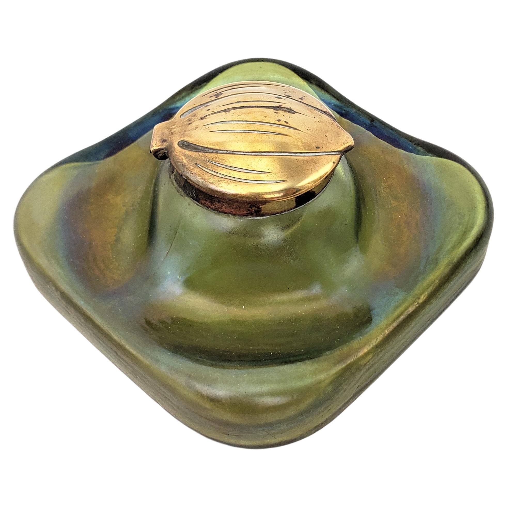 Art Nouveau Loetz Styled Green Iridescent Art Glass Inkwell with Brass Top For Sale