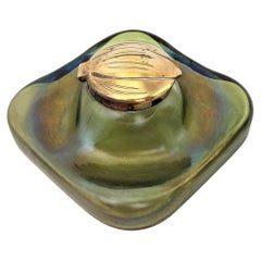 Antique Art Nouveau Loetz Styled Green Iridescent Art Glass Inkwell with Brass Top