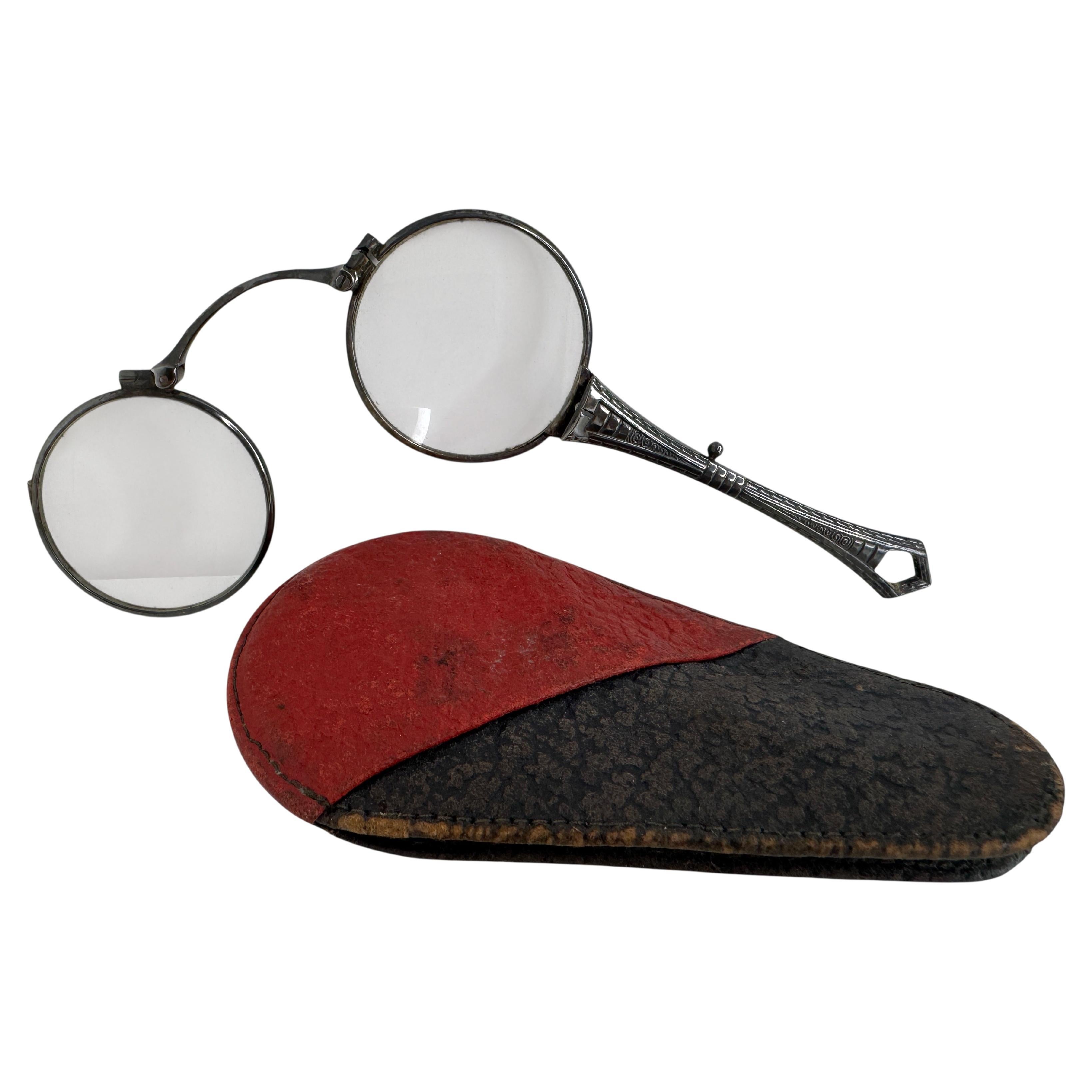 Art Nouveau Lorgnette Opera Glasses Folding Spectacles Antique German 835 Silver For Sale