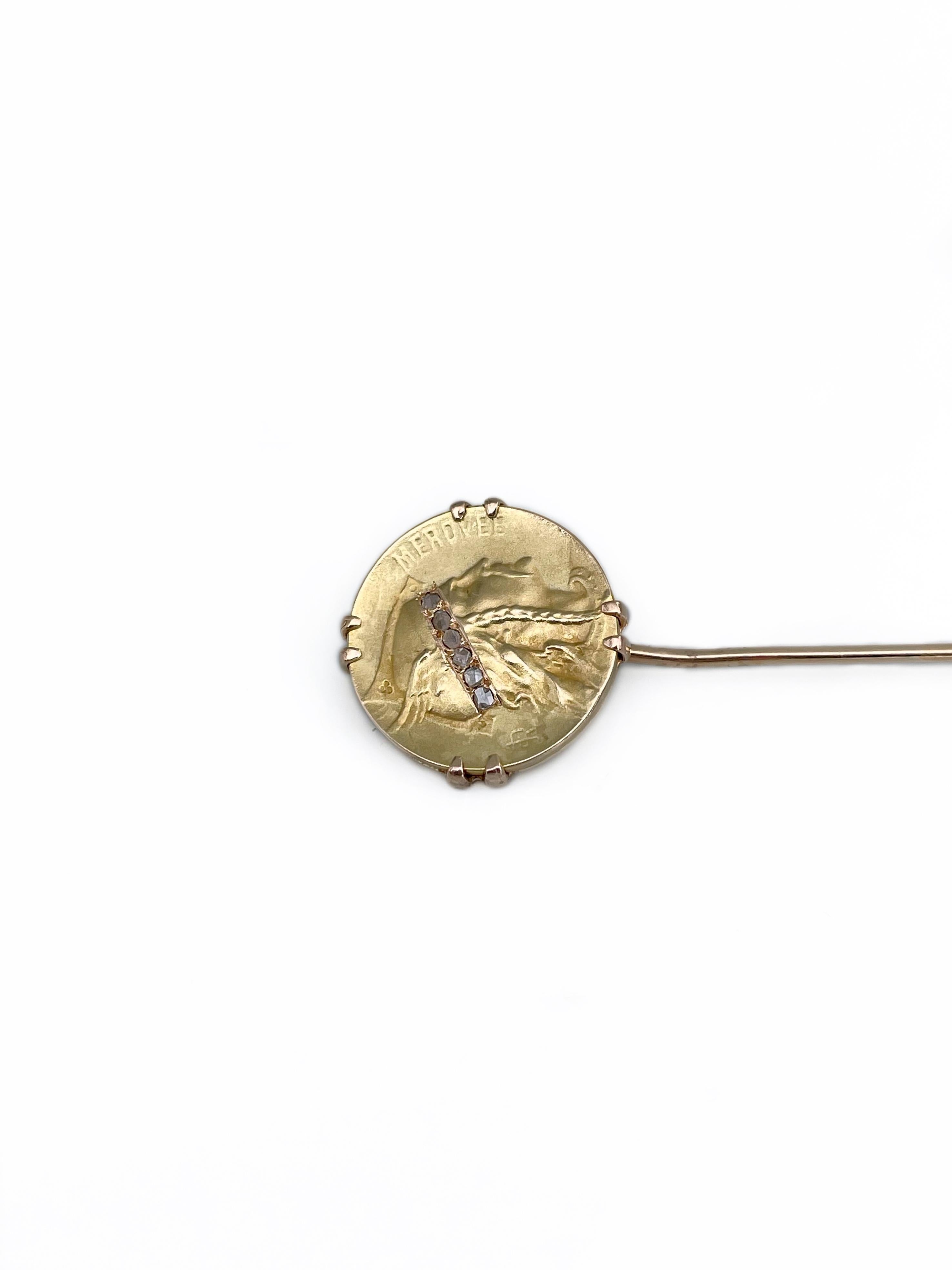 Art Nouveau Louis Rault 18 Karat Gold Rose Cut Diamond King Merovee Stick Pin In Good Condition In Vilnius, LT