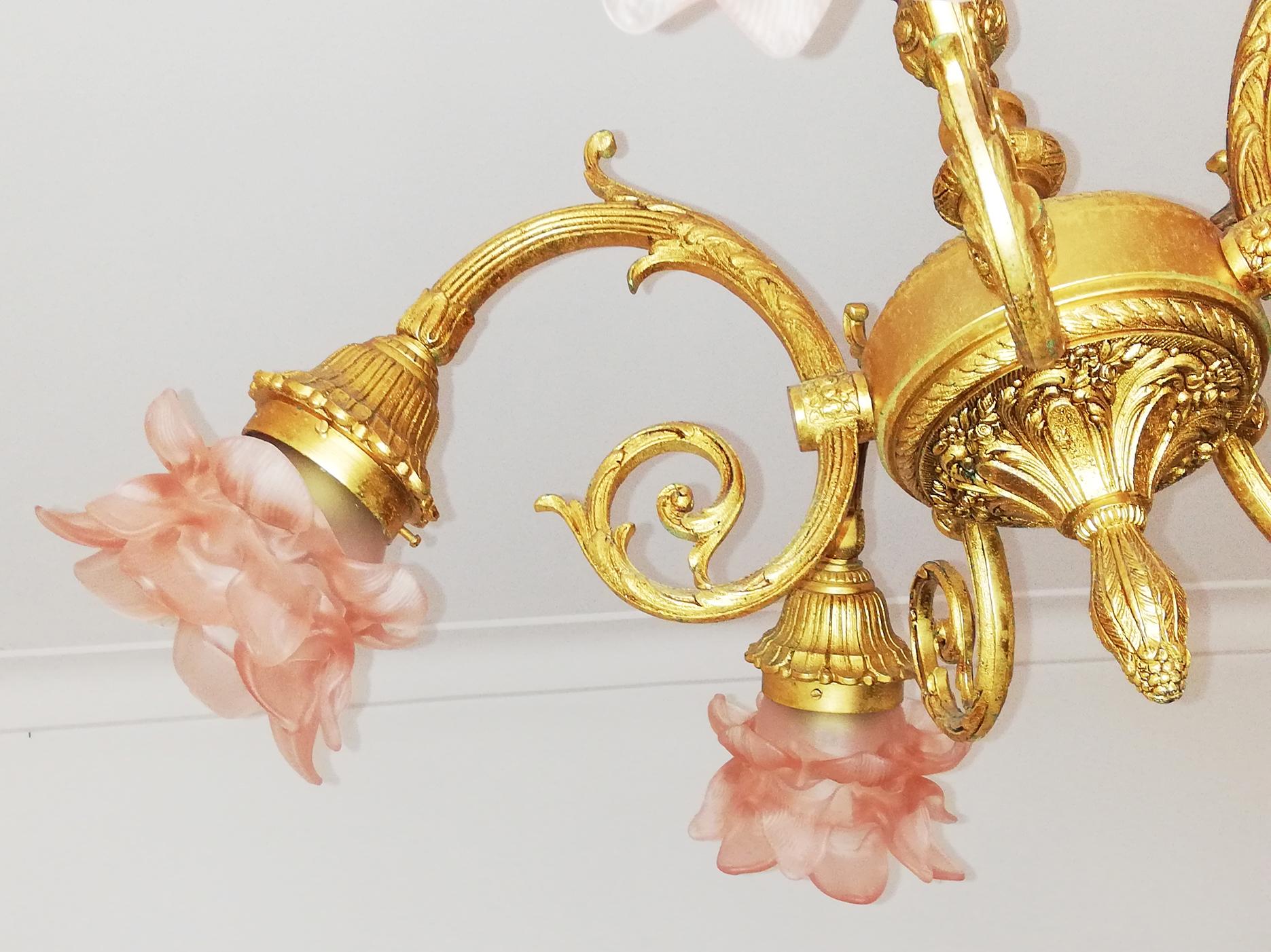 French Art Nouveau Louis XV Ornate Gilt Bronze and Pink Art Glass Flower Chandelier