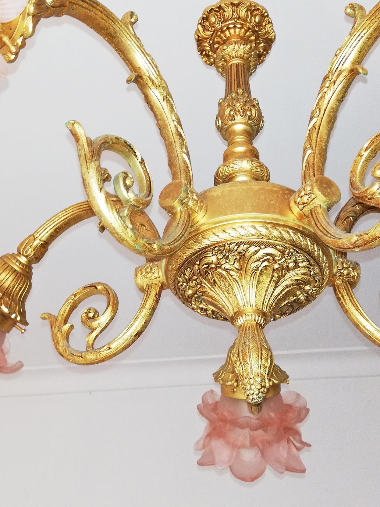 Cast Art Nouveau Louis XV Ornate Gilt Bronze and Pink Art Glass Flower Chandelier