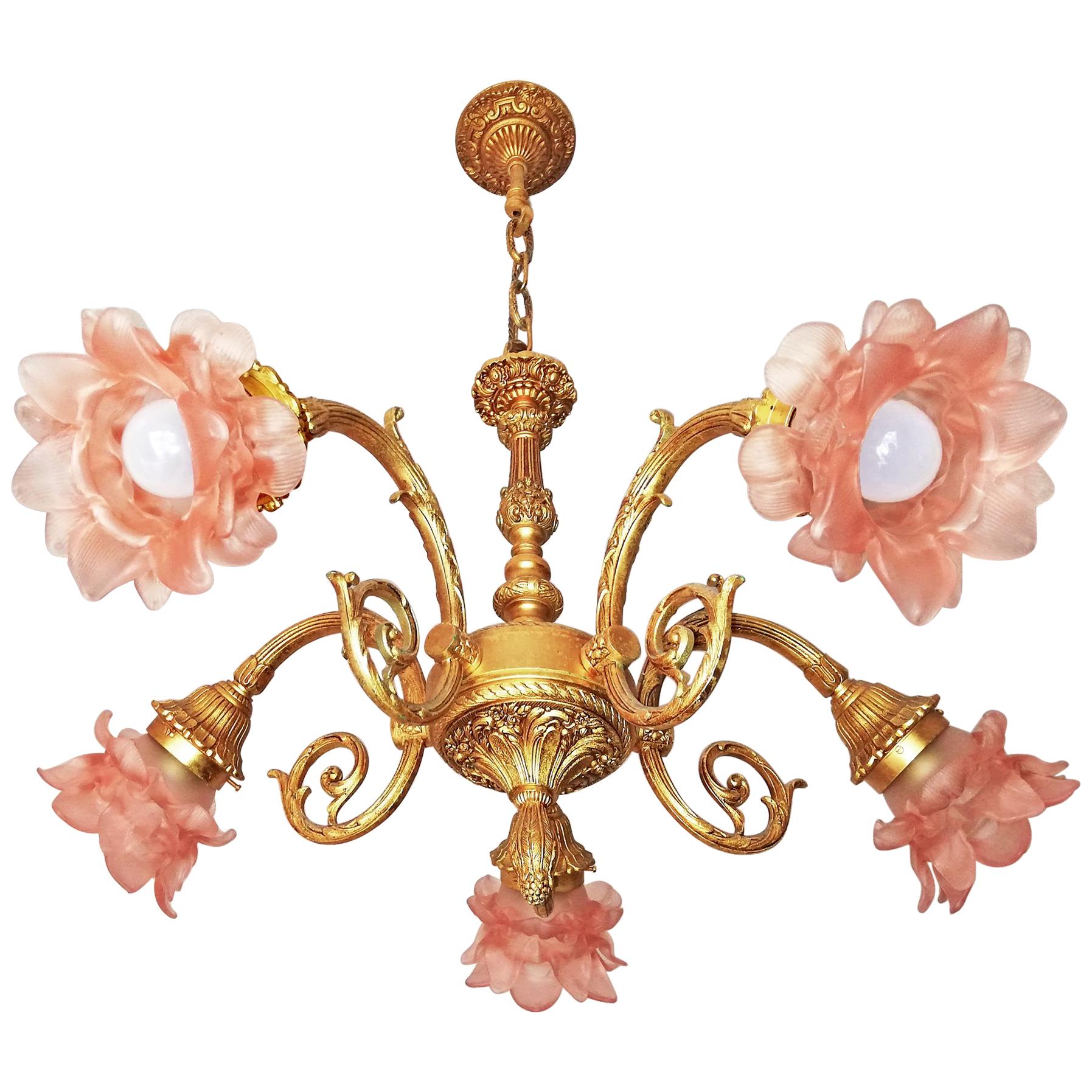 Art Nouveau Louis XV Ornate Gilt Bronze and Pink Art Glass Flower Chandelier