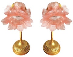 Art Nouveau Louis XV Ornate Gilt Bronze & Pink Art Glass Flower Table Lamps Pair