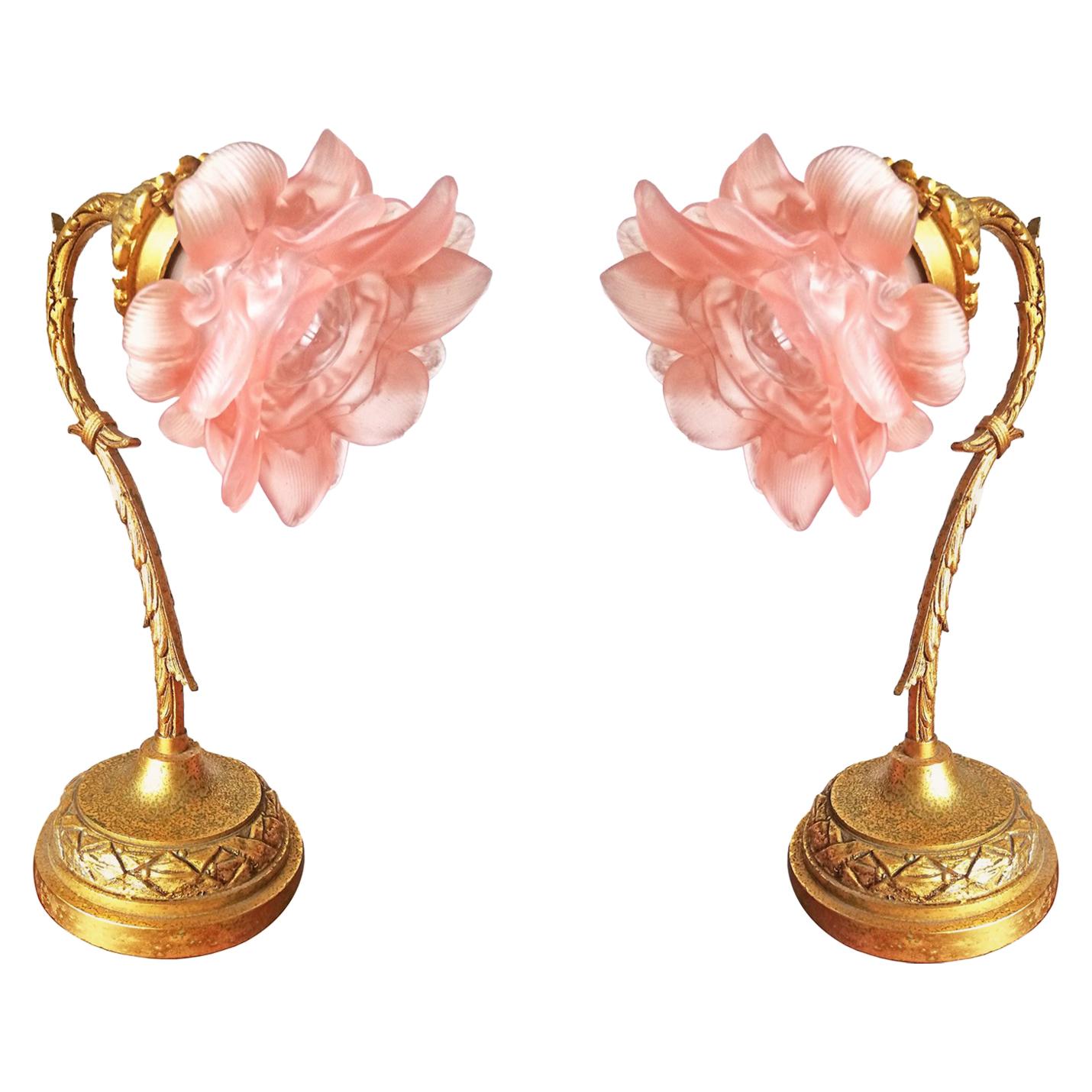 Art Nouveau Louis XV Ornate Gilt Bronze & Pink Art Glass Flower Table Lamps Pair