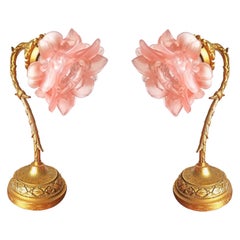 Antique Art Nouveau Louis XV Ornate Gilt Bronze & Pink Art Glass Flower Table Lamps Pair
