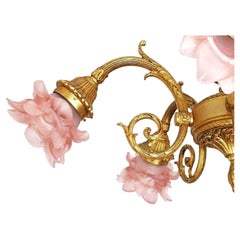 Art Nouveau Louis XV Ornate Solid Gilt Bronze & Pink Art Glass Flower Chandelier