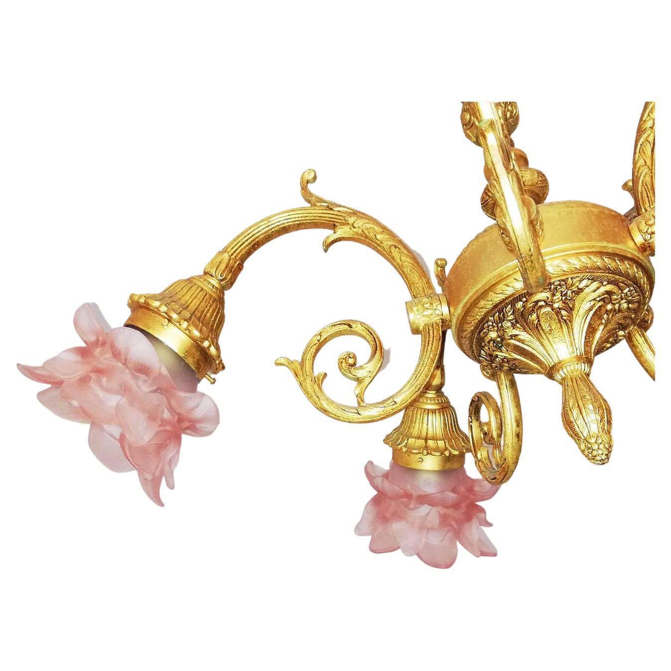 Art Deco Art Nouveau Louis XV Ornate Solid Gilt Bronze & Pink Art Glass Flower Chandelier