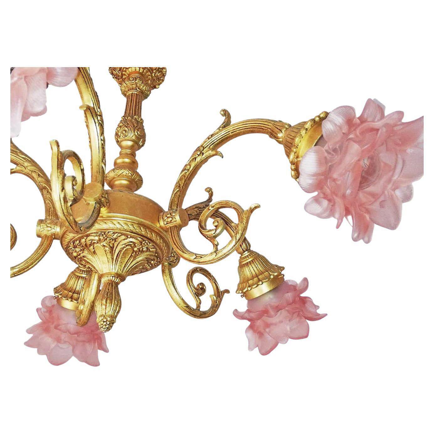 French Art Nouveau Louis XV Ornate Solid Gilt Bronze & Pink Art Glass Flower Chandelier