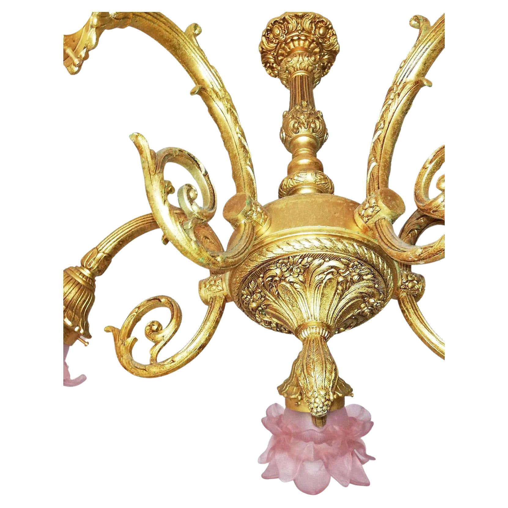 Art Nouveau Louis XV Ornate Solid Gilt Bronze & Pink Art Glass Flower Chandelier In Good Condition In Coimbra, PT