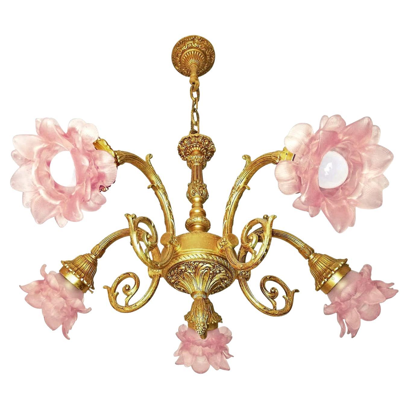 Art Nouveau Louis XV Ornate Solid Gilt Bronze & Pink Art Glass Flower Chandelier