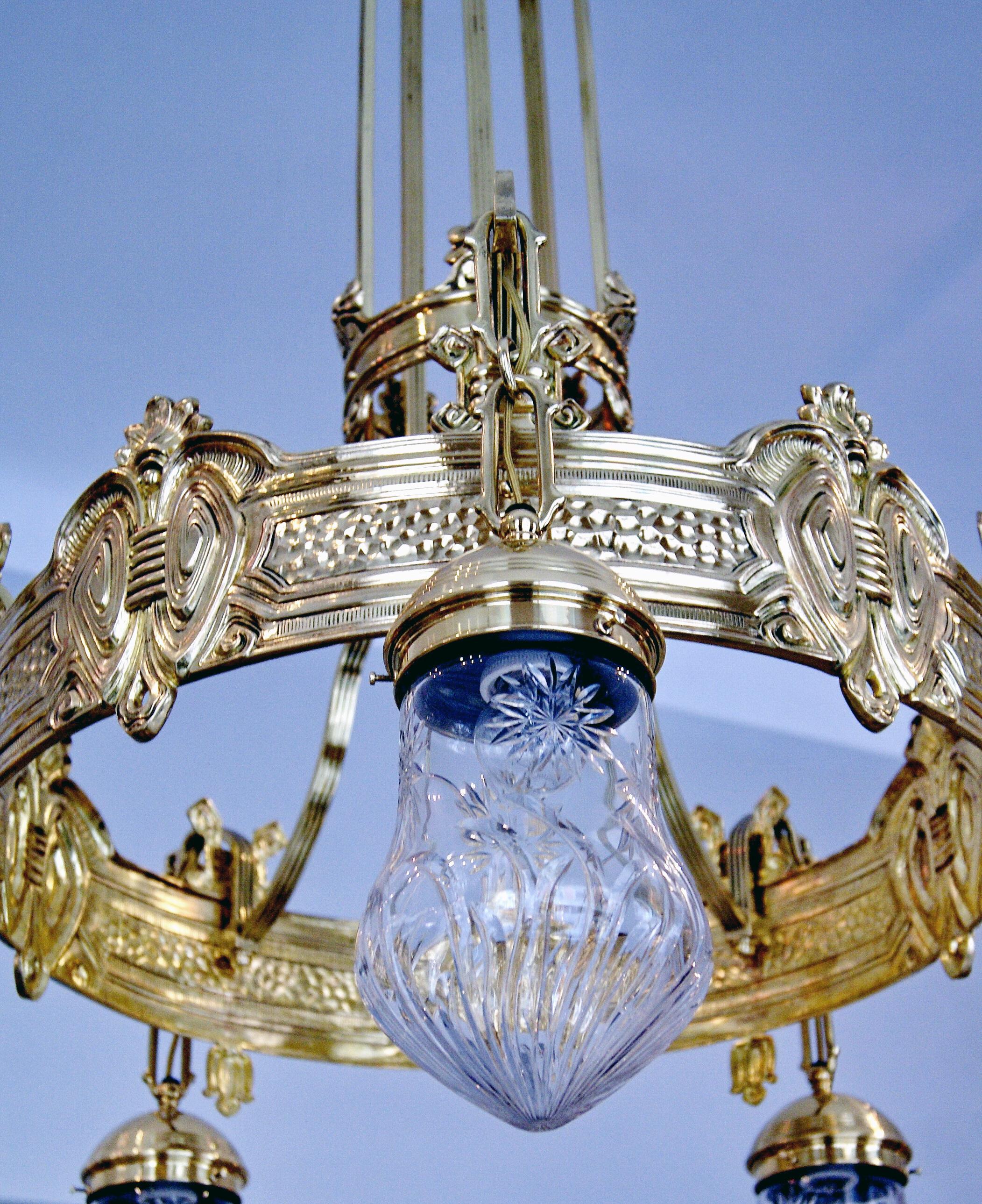 Brass Art Nouveau Lustre Chandelier Candelabrum Five Bulbs Vienna Austria Made For Sale