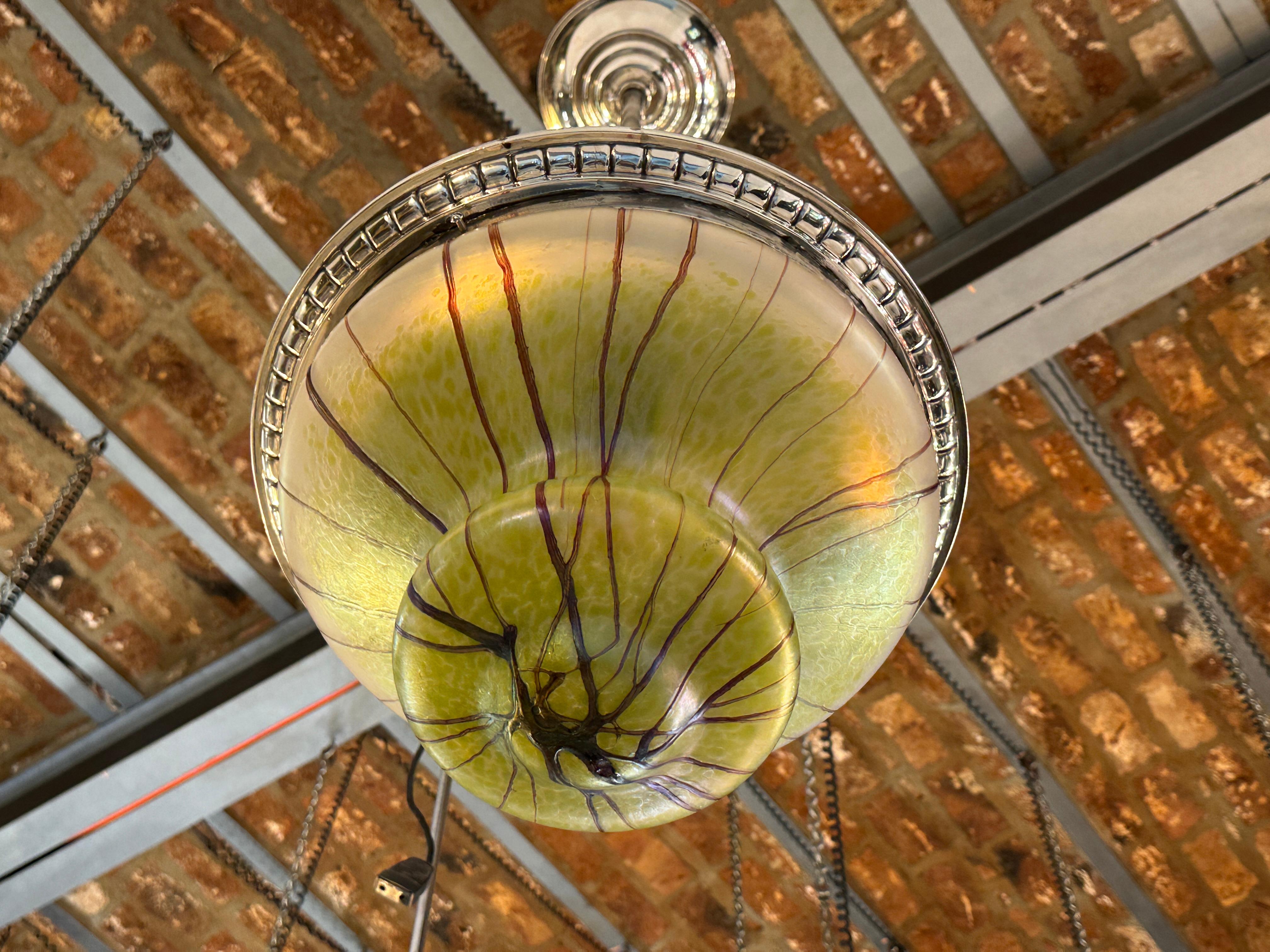 Art Nouveau, Liberty Hanging Lamp in silver-plated bronze and glass, 1900 For Sale 6