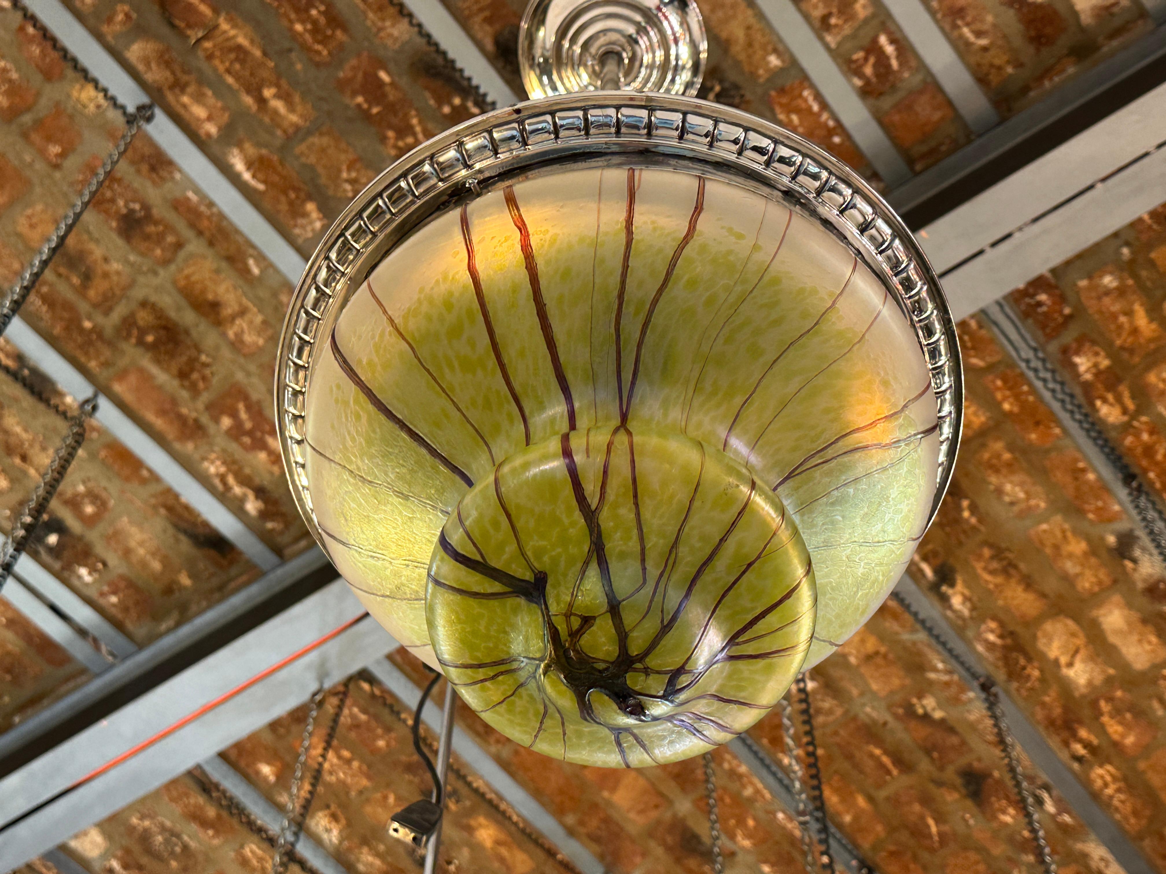 Art Nouveau, Liberty Hanging Lamp in silver-plated bronze and glass, 1900 For Sale 7