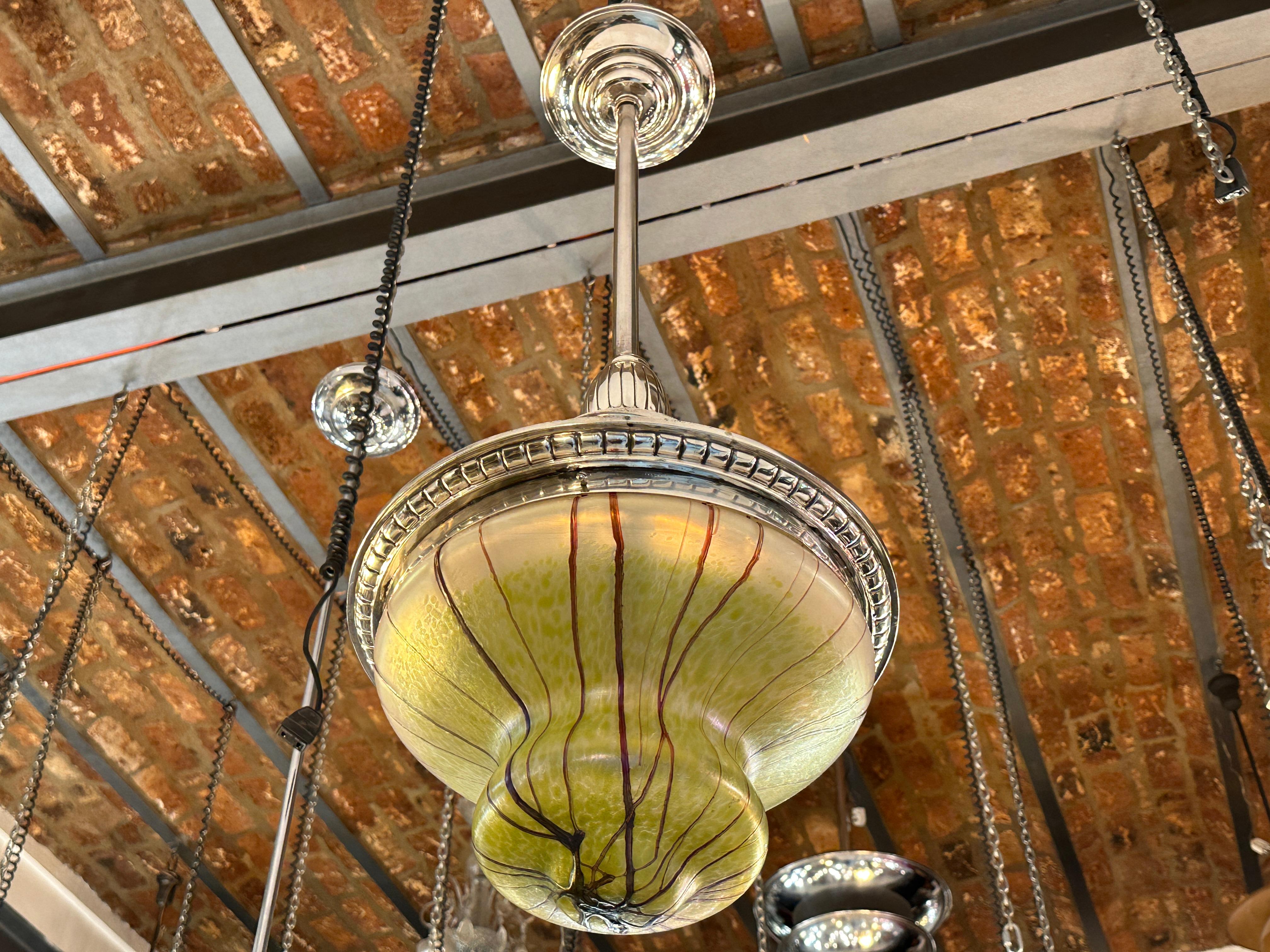 Art Nouveau, Liberty Hanging Lamp in silver-plated bronze and glass, 1900 For Sale 8
