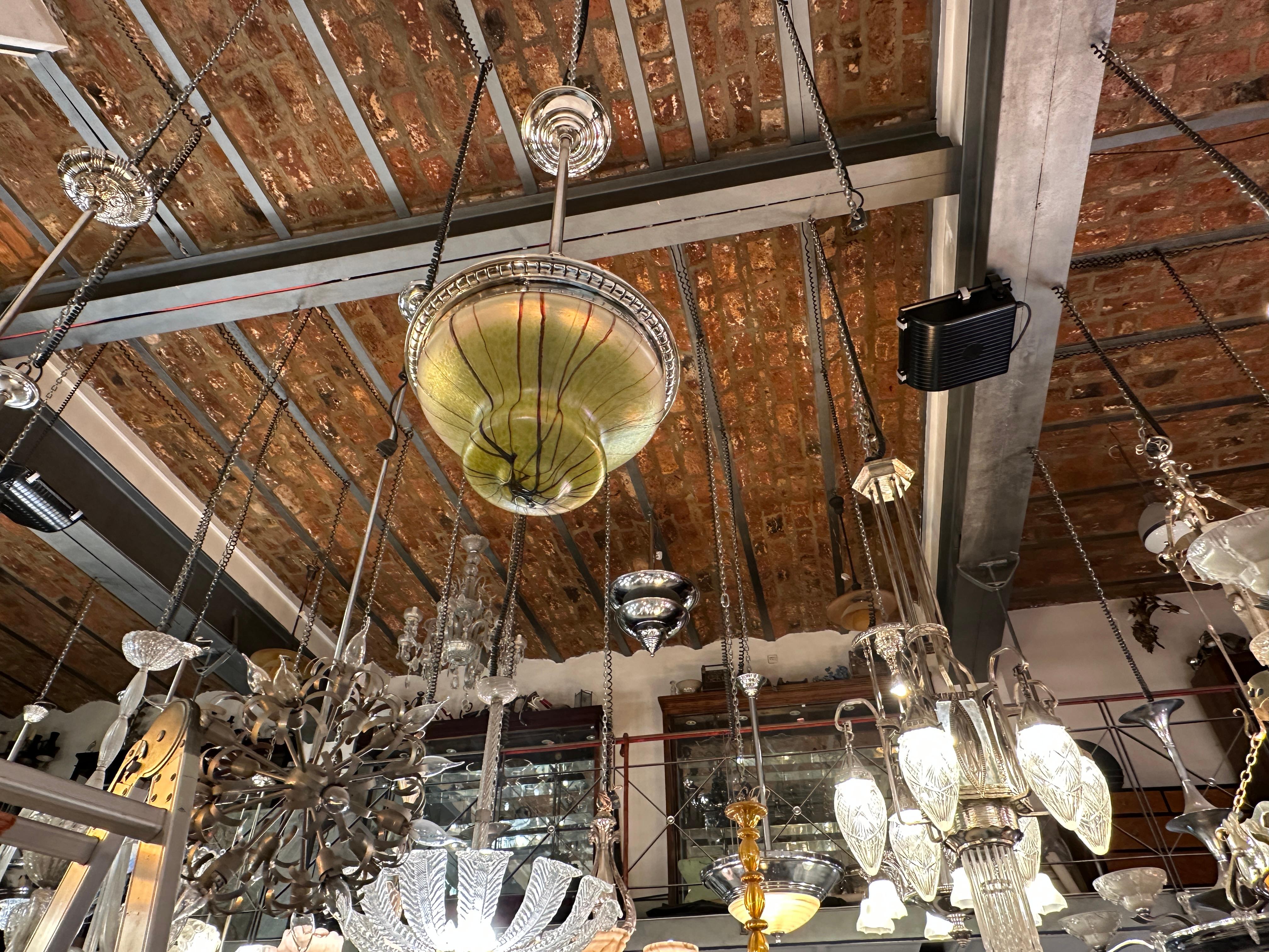 Art Nouveau, Liberty Hanging Lamp in silver-plated bronze and glass, 1900 For Sale 10