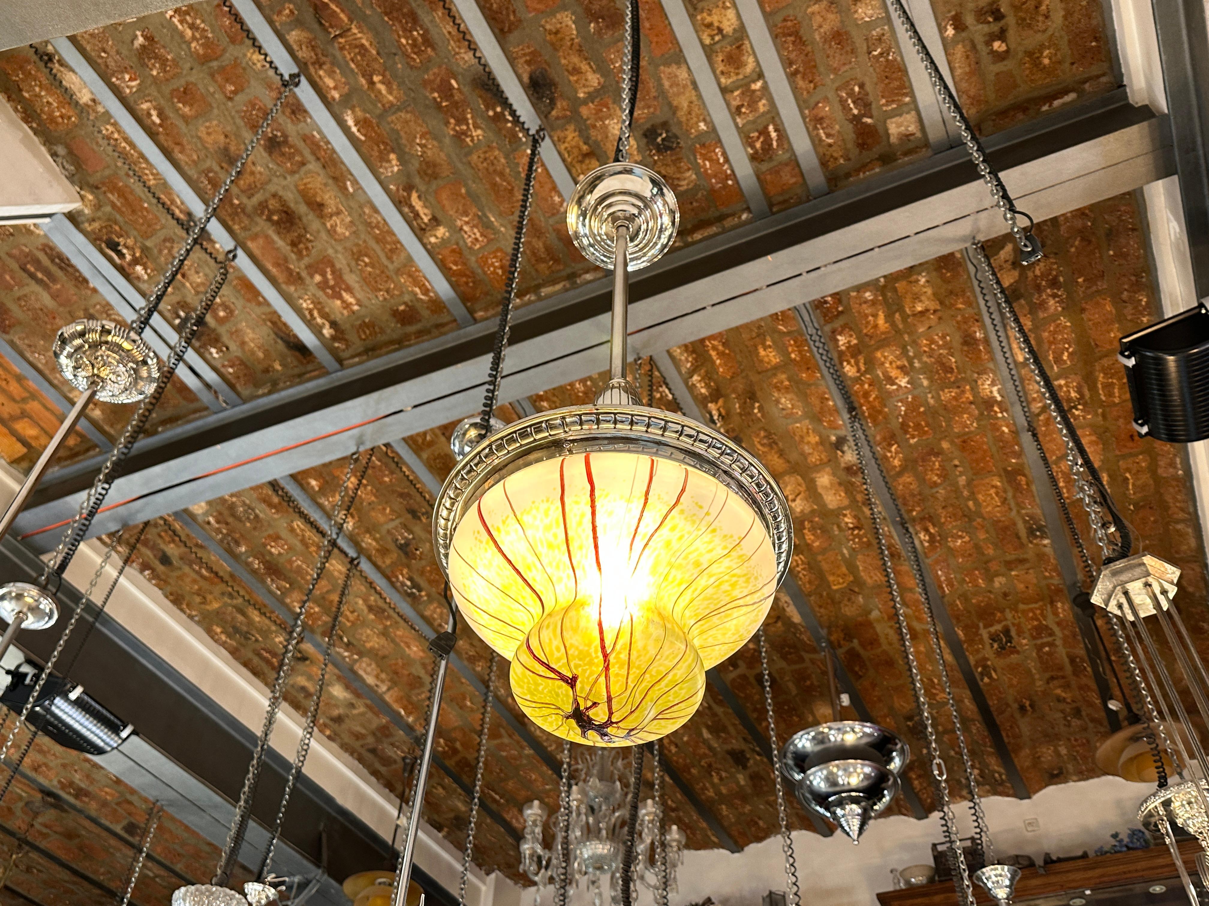 Austrian Art Nouveau, Liberty Hanging Lamp in silver-plated bronze and glass, 1900 For Sale